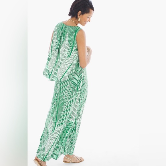 Chico’s Women’s S/M Tropical Palm Maxi Dress With Cascading Cropped Overlay - Picture 2 of 15